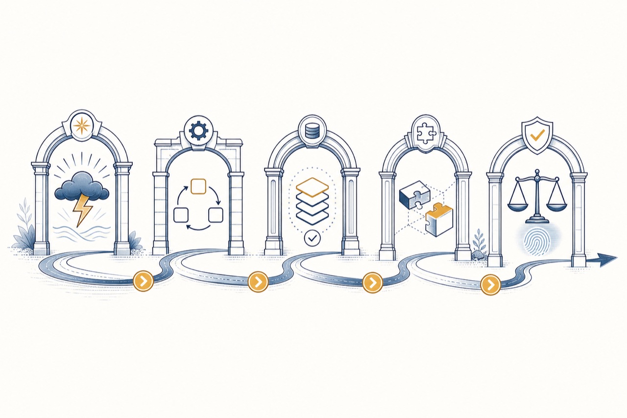 Five sequential decision gates for evaluating the first AI workflow to automate across value, readiness, feasibility, and governance.