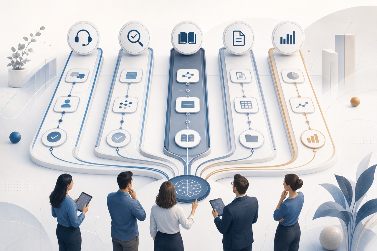 Operational lanes comparing several first AI workflow candidates such as support, QA, knowledge retrieval, document processing, and reporting.