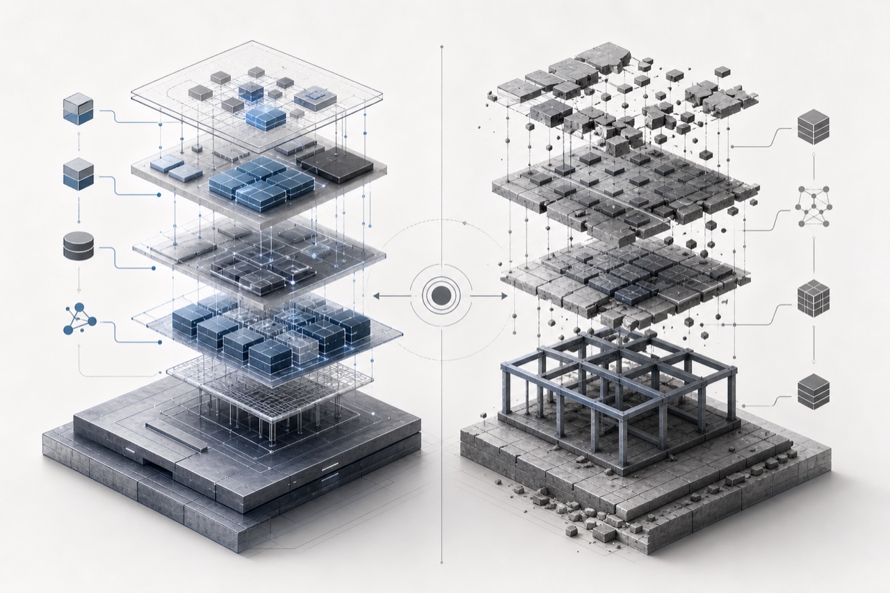 Split mobile product architecture showing one path for phased modernization and another for a full rebuild.