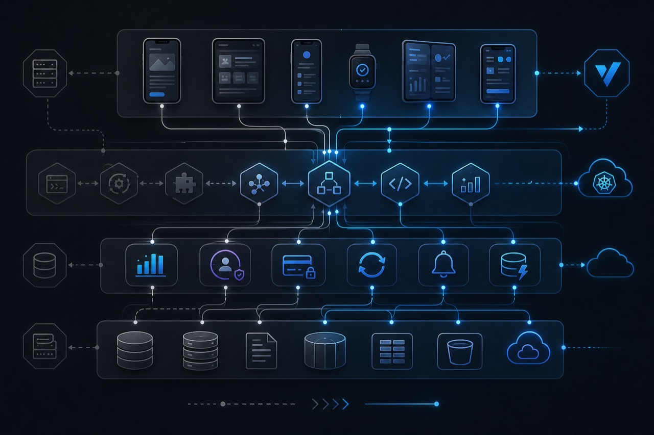 Technical dependency map showing mobile app modules, APIs, analytics, identity, payments, sync, and data flows.