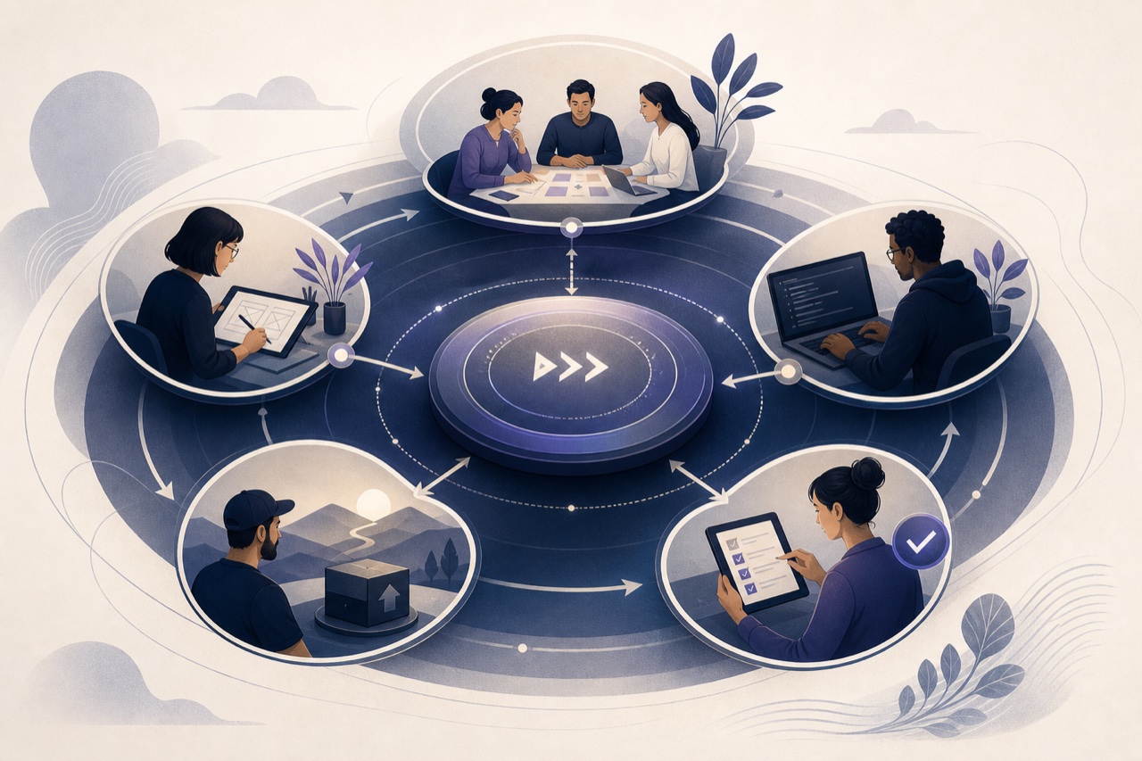Operating model illustration showing product, design, engineering, QA, and release feedback loops working as one delivery cadence.
