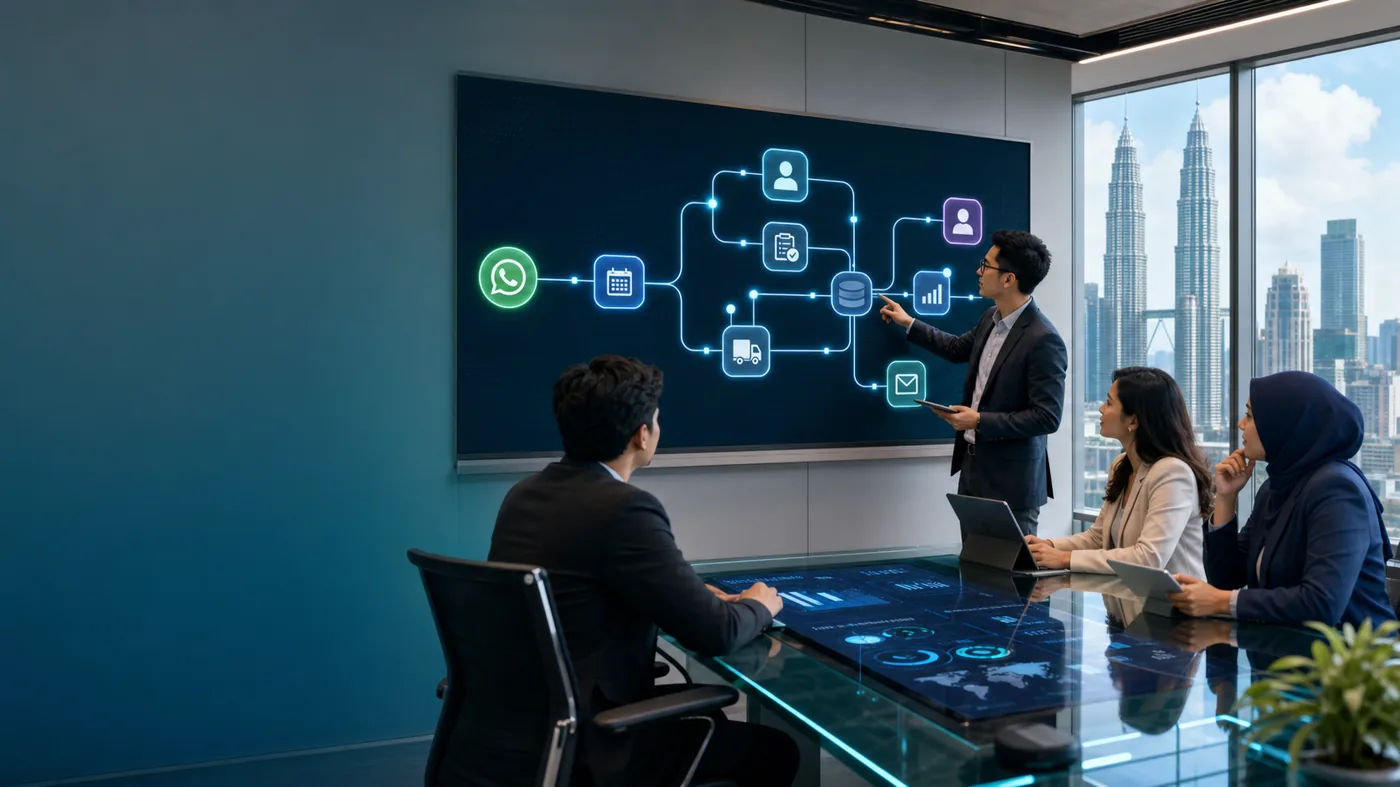 Malaysia service operations team reviewing workflow automation dashboard with WhatsApp, dispatch, approvals, and CRM visibility