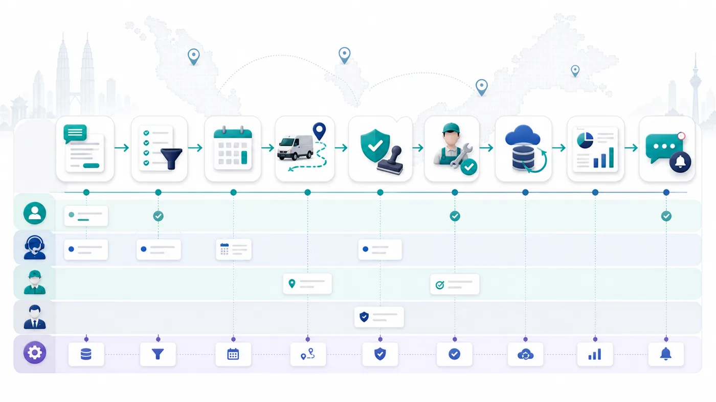 Infographic-style workflow map from enquiry to scheduling, dispatch, approvals, reporting, and customer updates