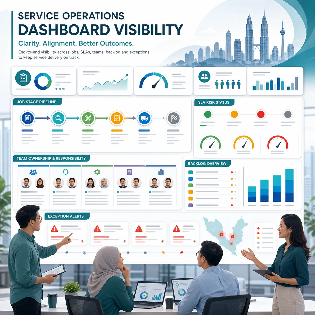 Dashboard infographic showing service jobs by stage, SLA risk, owners, and backlog visibility