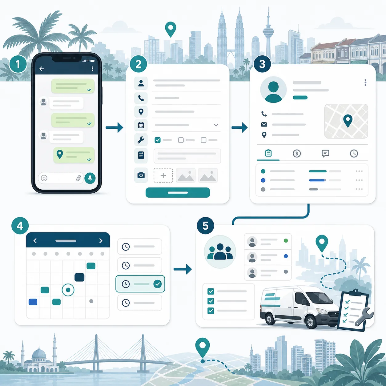 Educational visual showing WhatsApp, CRM, scheduling, and field handoff in a service workflow