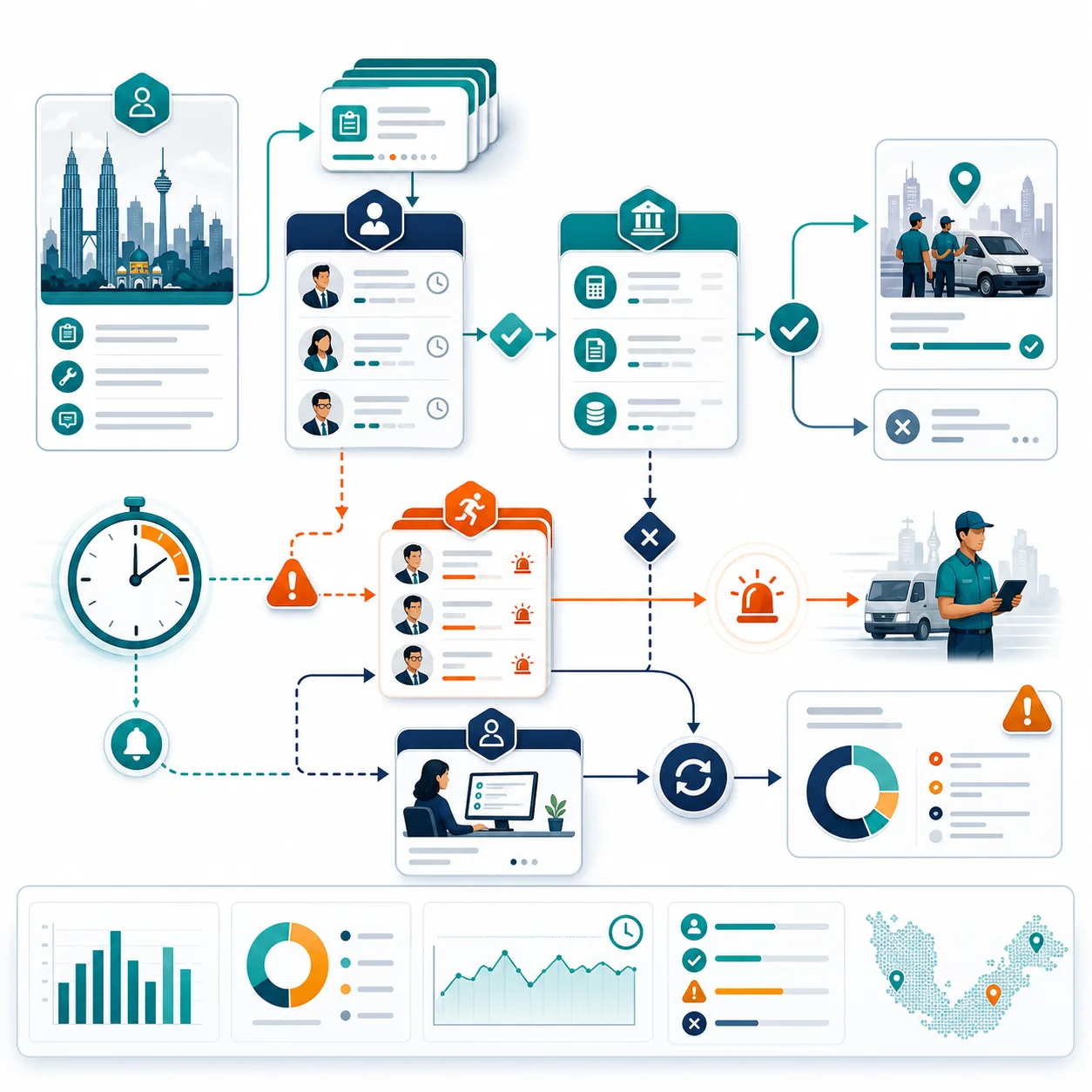Approval routing and exception handling infographic for managers, finance checks, and urgent job escalation