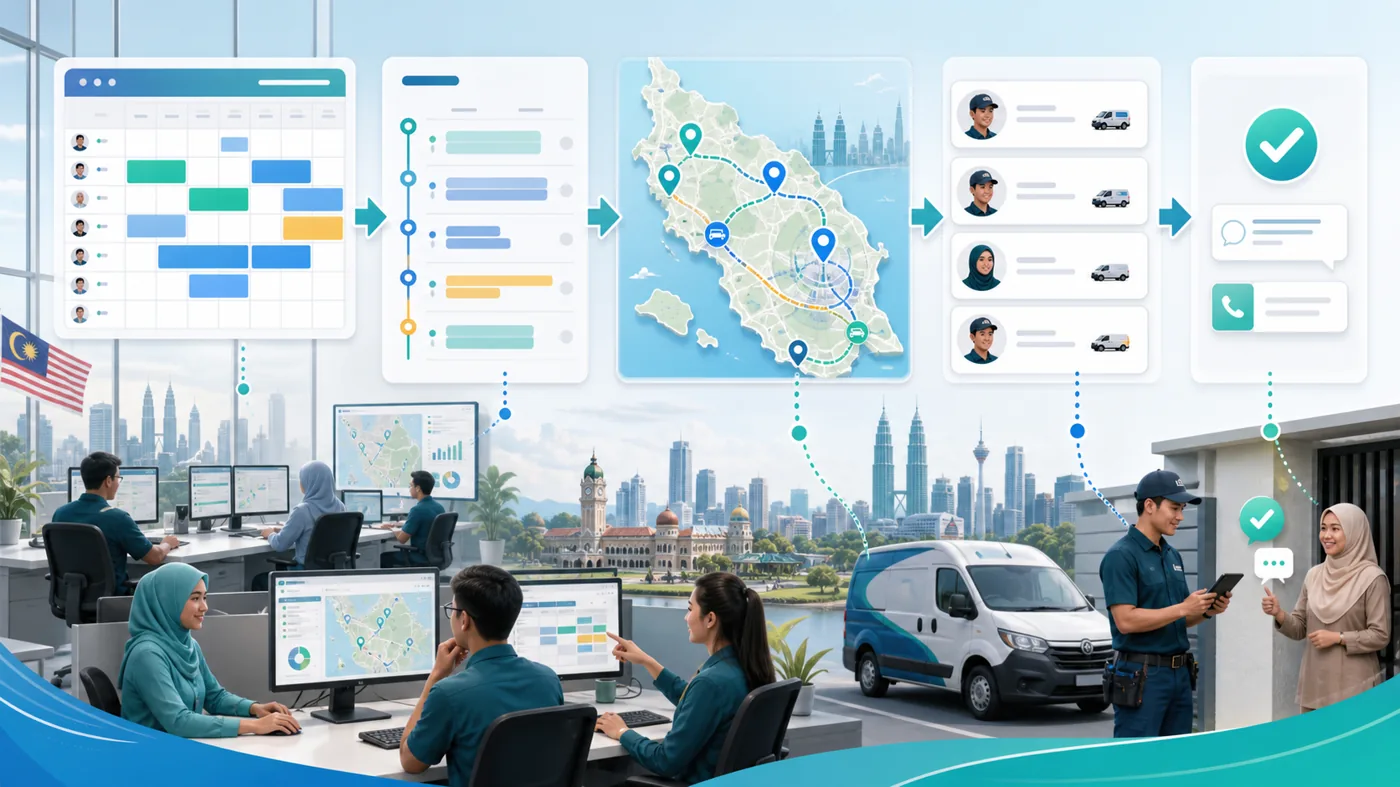 Scheduling and dispatch workflow visual for appointment planning, route balancing, and technician assignment