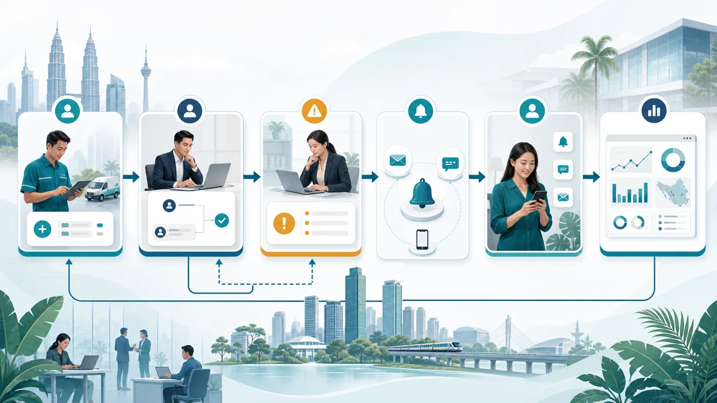 Approval and customer communication workflow visual with status notifications and exception review