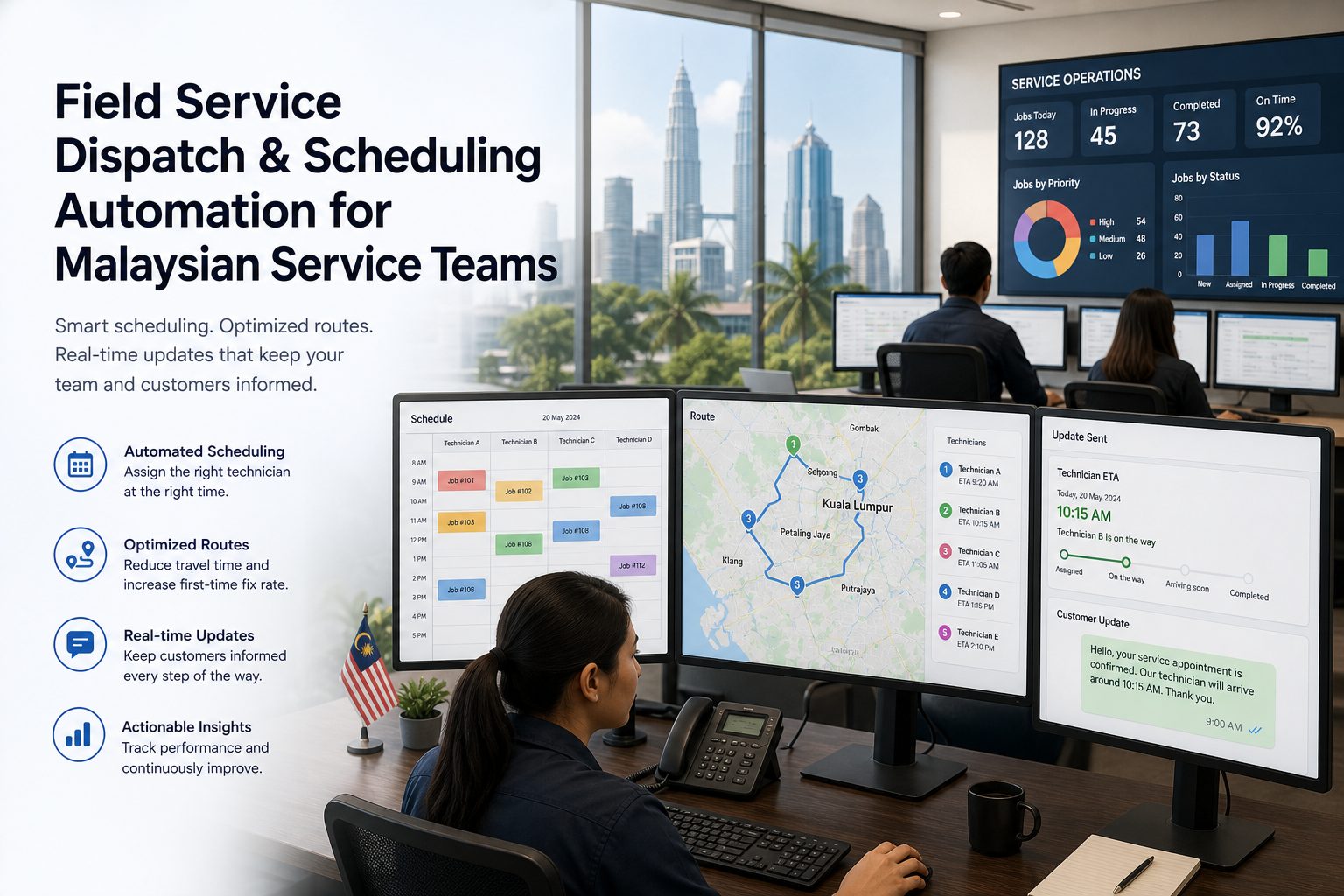 Dispatch coordinators reviewing technician schedules, route map, workload, and customer update flow for a Malaysian field service team