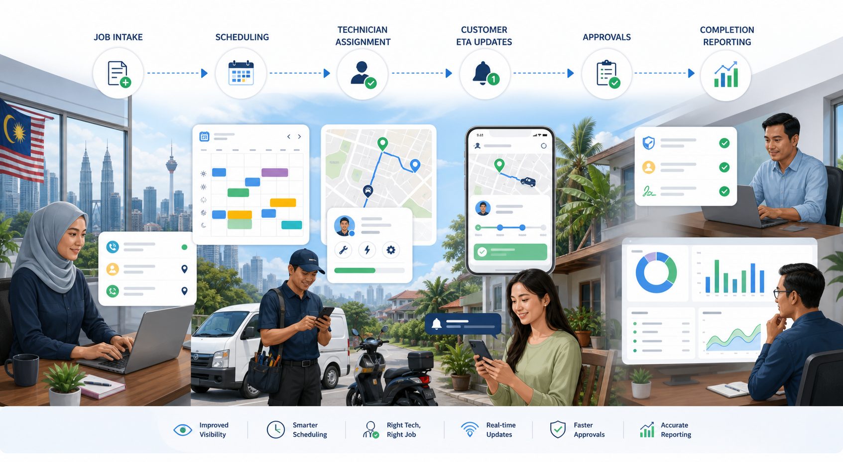 Workflow map showing job intake, scheduling, technician assignment, approvals, customer ETA updates, and completion reporting