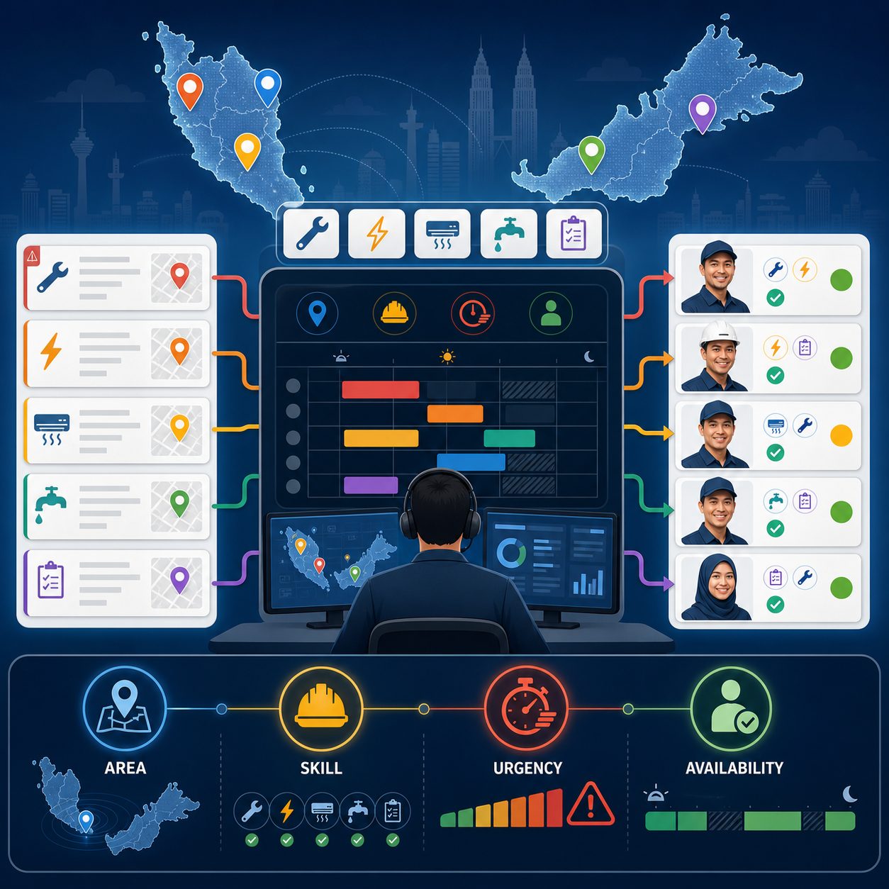 Technician assignment logic dashboard matching jobs by area, skill, urgency, and availability