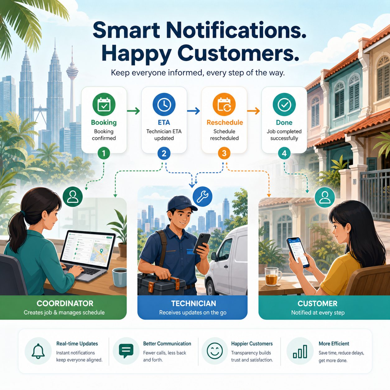 Customer notification flow covering booking confirmation, ETA updates, reschedules, and job completion