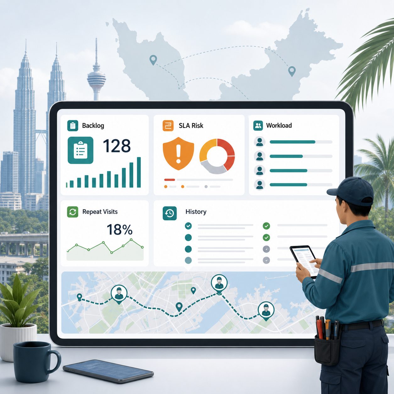 Operational visibility dashboard showing backlog, SLA risk, technician workload, repeat visits, and service history