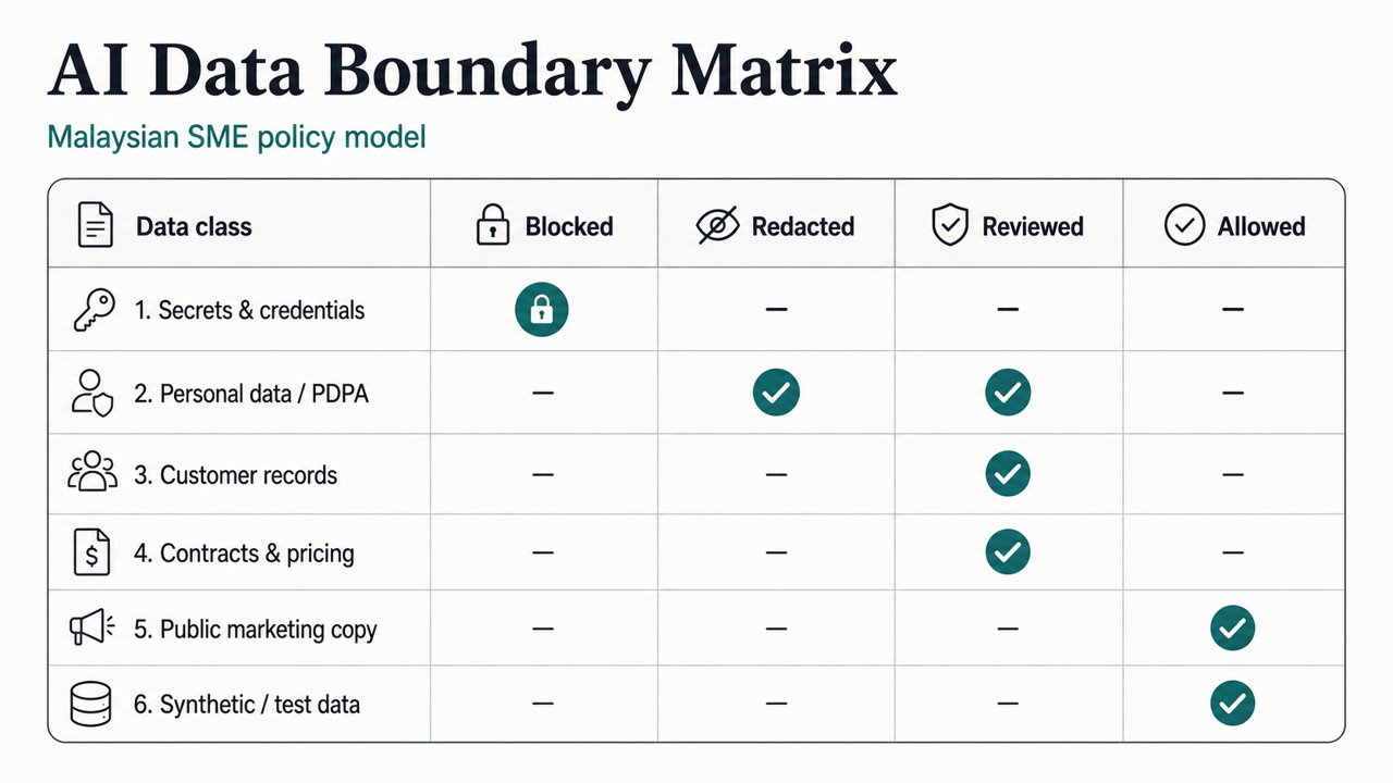 Boundary matrix showing which SME data types are blocked, redacted, reviewed, or allowed in AI workflows.