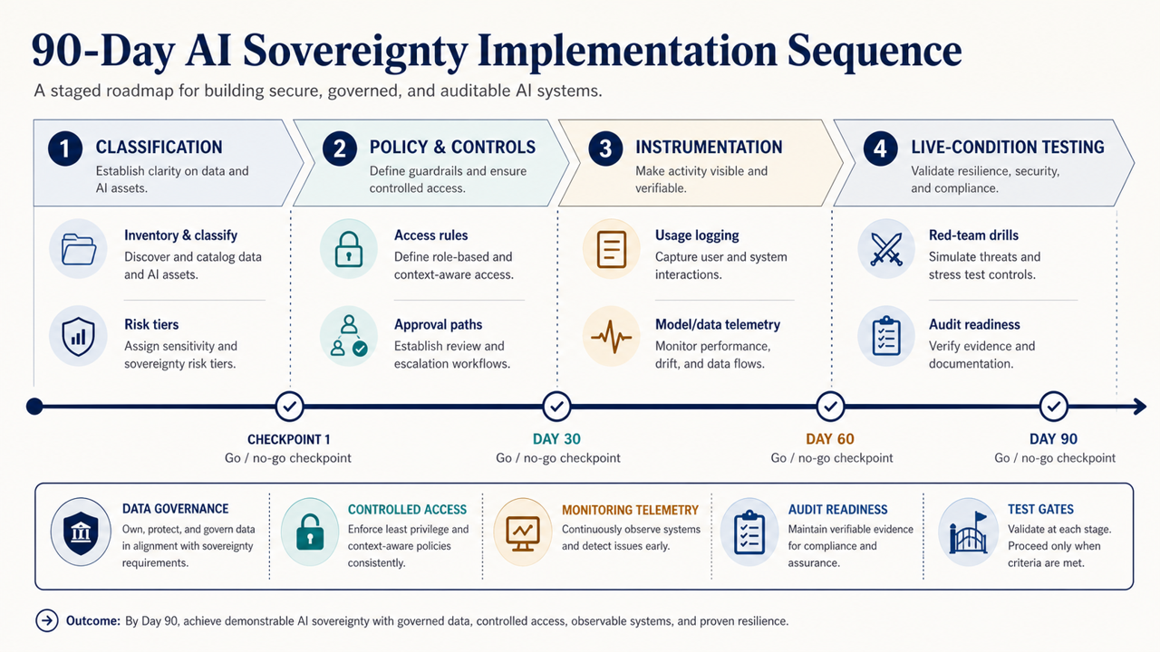 90-day implementation sequence for AI sovereignty controls in a Malaysian SME production rollout.