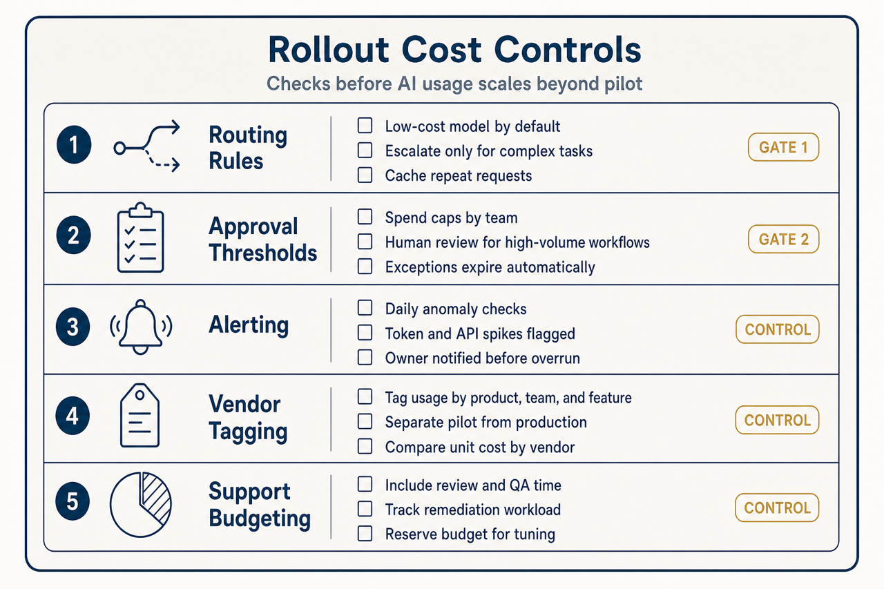 Operational checklist panel for rollout controls including routing rules, approvals, alerting, tagging, and support budgeting.