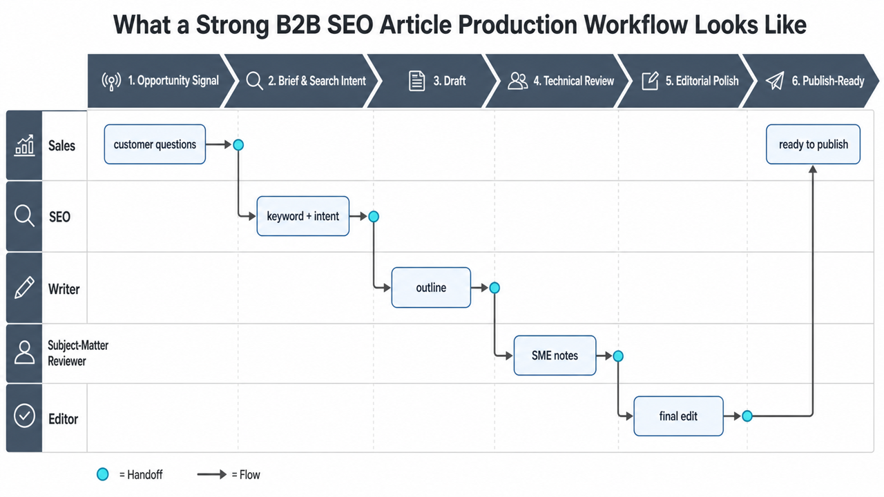 Swimlane workflow showing SEO, writer, reviewer, and editor handoffs during B2B article production.