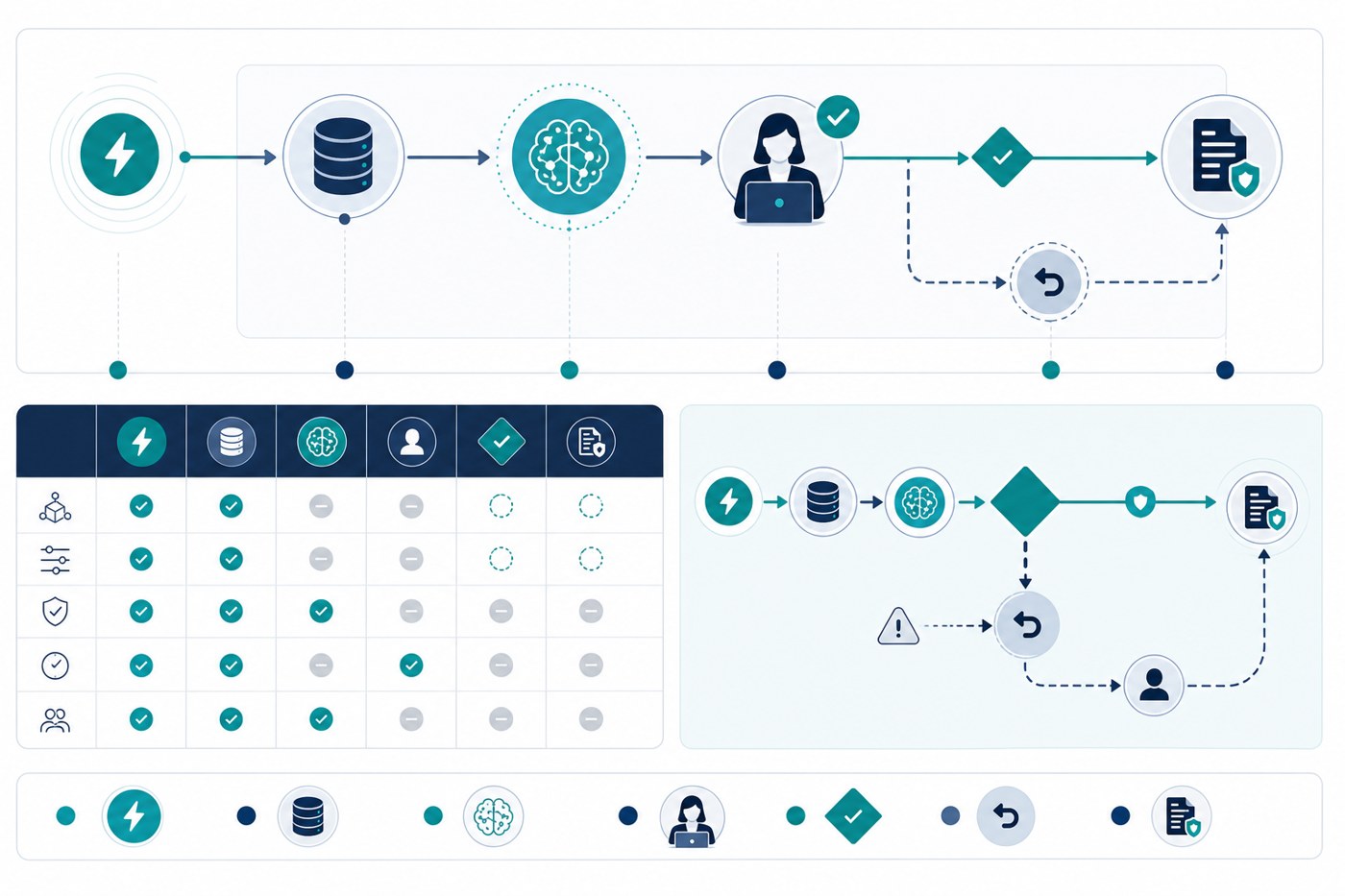 AI integration scoping illustration showing a workflow boundary table with trigger, source system, human approval, fallback path, and audit flow.
