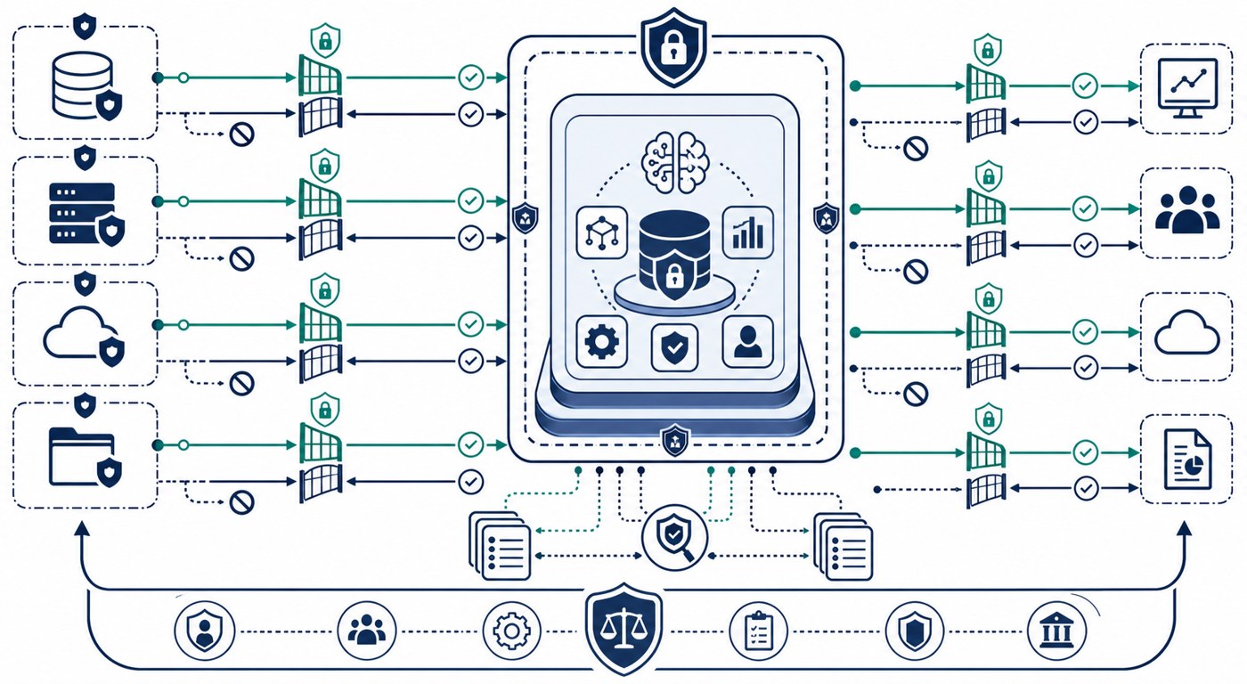 Guarded AI system boundaries illustration showing source systems, allowed data flows, approvals, blocked write paths, and governance controls.