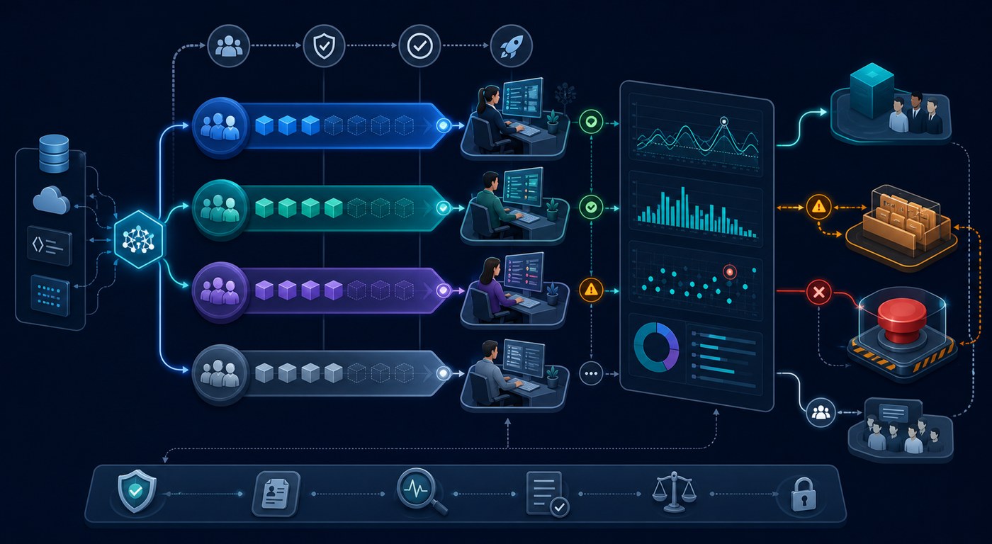 AI rollout controls illustration showing review checkpoints, monitoring panels, exception alerts, rollback control, and phased rollout lanes.