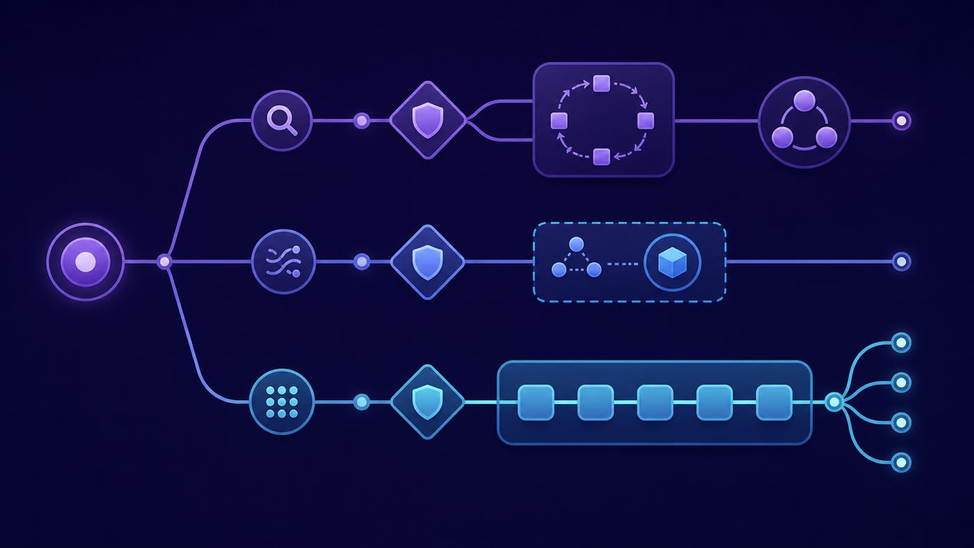 Decision-tree illustration showing three route choices for workflow automation, AI pilot, and production rollout.