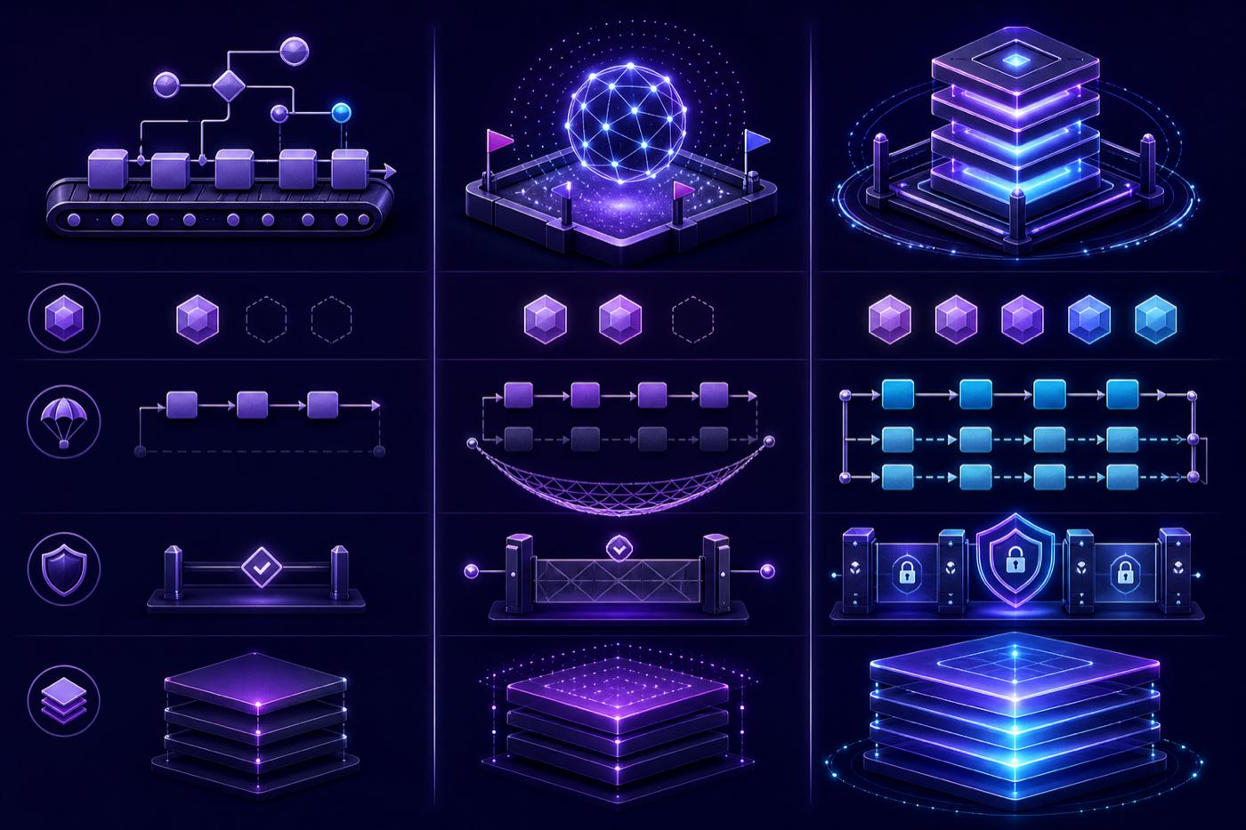 Comparison illustration contrasting workflow automation, AI pilot, and production rollout across proof, control, and readiness.