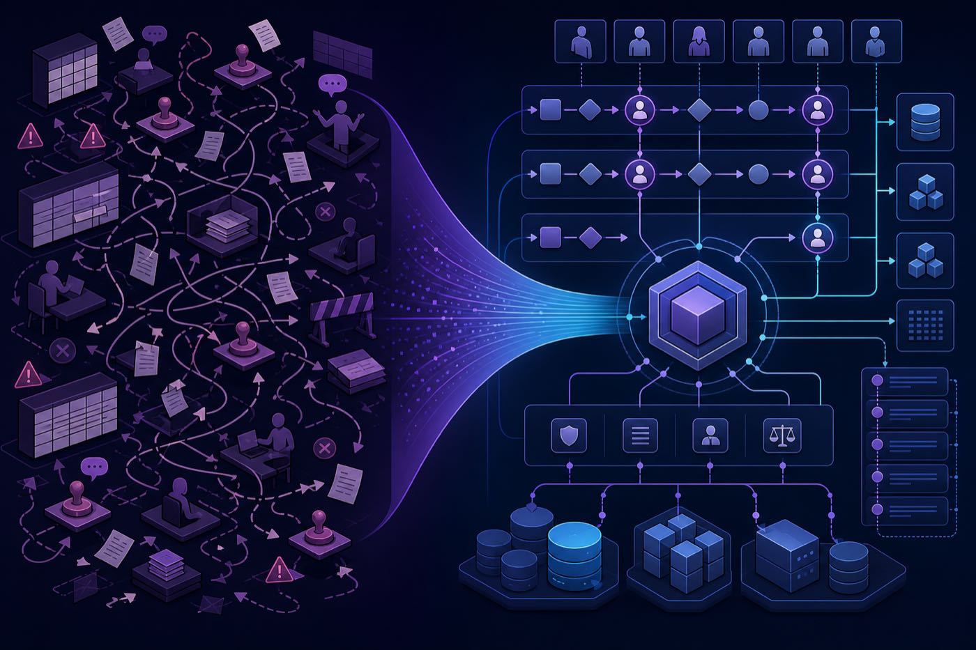 Before-and-after operations illustration showing fragmented manual coordination turning into a governed AI-enabled workflow.