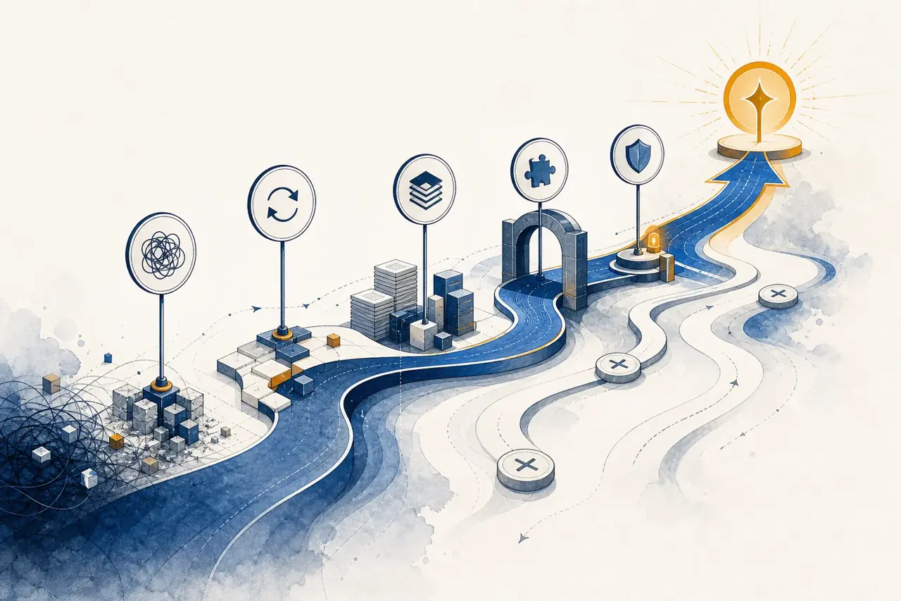 Editorial cover showing a staged prioritization framework for selecting the first AI workflow to automate using practical business and technical checkpoints.