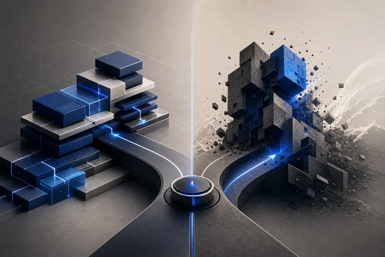 Editorial comparison cover contrasting mobile app rewrite and modernization through side-by-side delivery paths, architecture implications, and release tradeoffs.