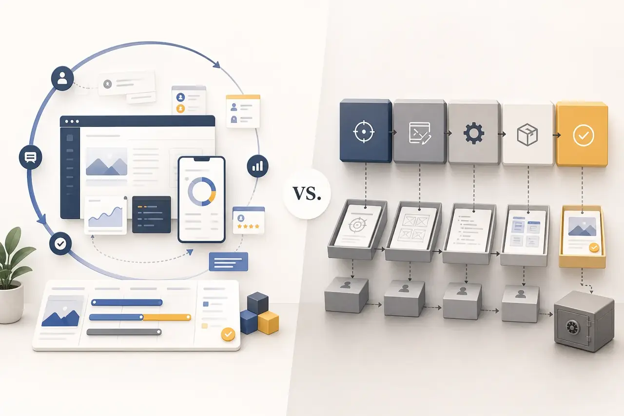 Editorial comparison cover contrasting a dedicated product team with project-based development using continuous product loops versus milestone handoff stages.