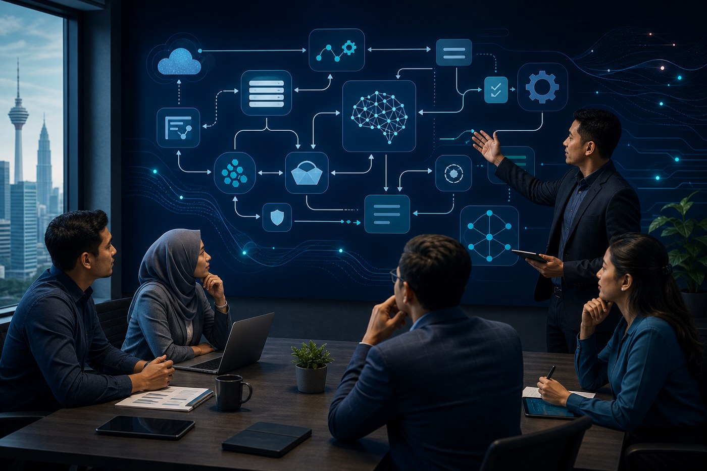 Editorial cover showing a Malaysian business team scoping an AI integration workflow across systems, controls, and approvals.