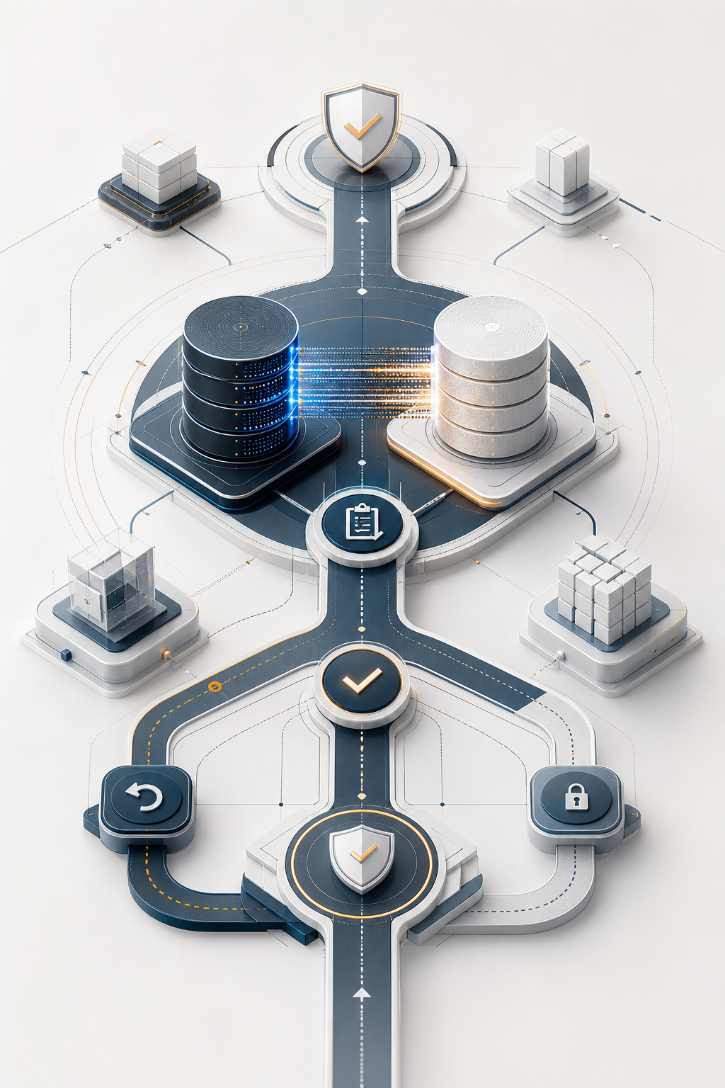 Editorial cover showing a controlled data migration cutover path with validation, rollback, and continuity safeguards.