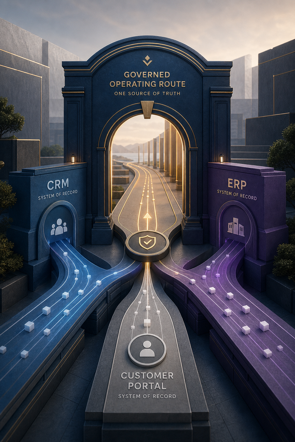 Editorial cover showing CRM, ERP, and customer portal workflows connected through one controlled integration gateway.