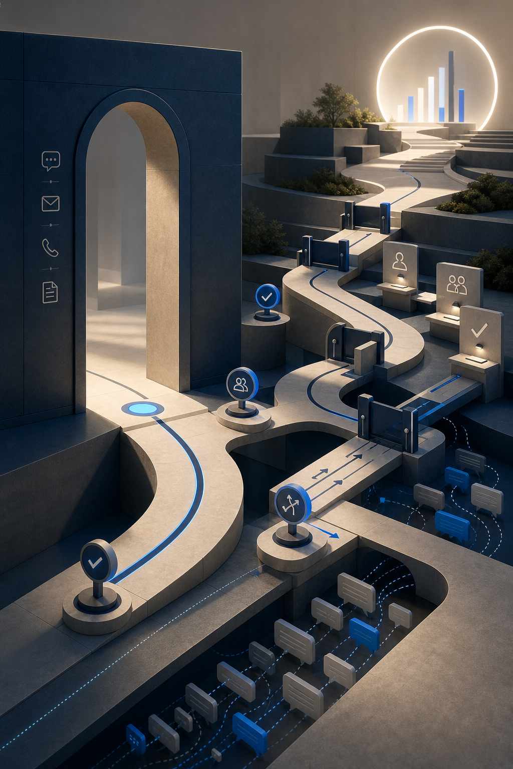 Editorial cover showing an audit-first path through customer-service workflow checkpoints before AI automation.