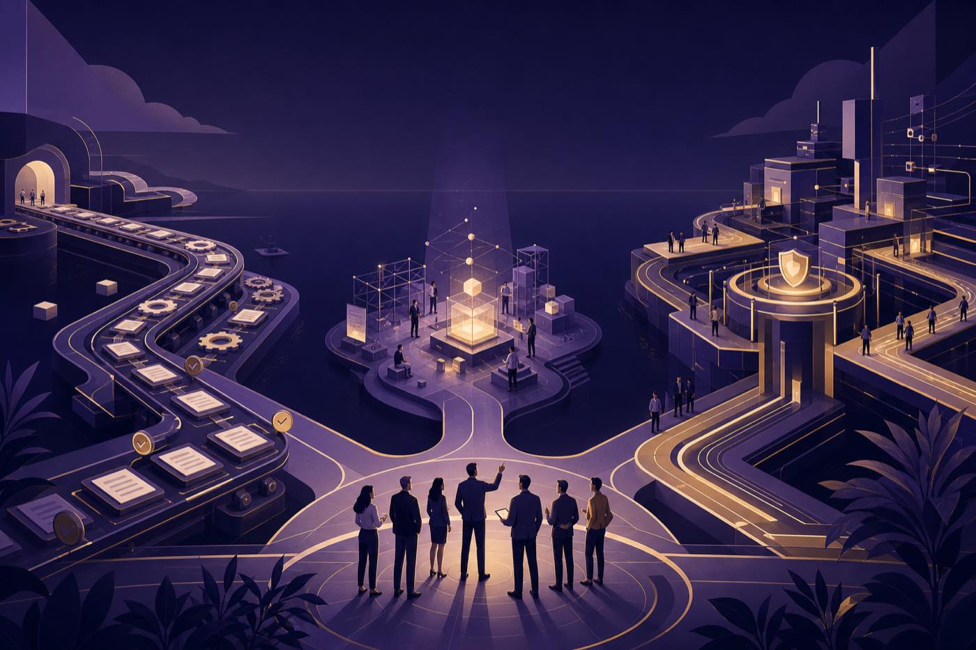 Editorial illustration comparing three operational paths for mid-sized teams: workflow automation, AI pilot, and governed production rollout.