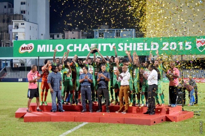 އޭޕްރިލް 6، 2015: ފުޓުބޯޅަ ސީސަން ހުޅުވުމުގެ ގޮތުން ކޮންމެ އަހަރަކުވެސ ބާއްވަމުން އަންނަ ޗެރިޓީ ޝިލްޑް މެޗުގެ ތެރެއިން: ނިއުރޭޑިއަންޓްގެ މައްޗަށް 0-2 އިން ކުރި ހޯދާ، މިއަހަރުގެ ޗެރިޓީ ޝިލްޑް ކާމިޔާބު ކުރީ މާޒިޔާ -- ސަންފޮޓޯ/ އަލީ ނަސީރު