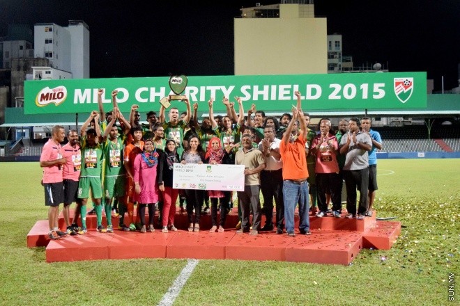 އޭޕްރިލް 6، 2015: ފުޓުބޯޅަ ސީސަން ހުޅުވުމުގެ ގޮތުން ކޮންމެ އަހަރަކުވެސ ބާއްވަމުން އަންނަ ޗެރިޓީ ޝިލްޑް މެޗުގެ ތެރެއިން: ނިއުރޭޑިއަންޓްގެ މައްޗަށް 0-2 އިން ކުރި ހޯދާ، މިއަހަރުގެ ޗެރިޓީ ޝިލްޑް ކާމިޔާބު ކުރީ މާޒިޔާ -- ސަންފޮޓޯ/ އަލީ ނަސީރު