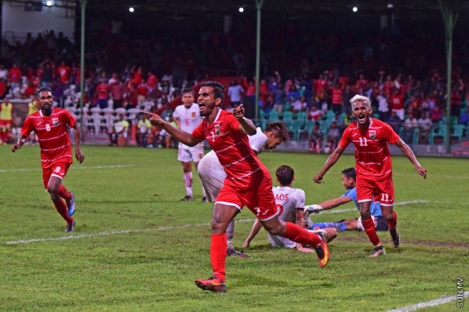ސެޕްޓެމްބަރ 6، 2016: އޭއެފްސީ އޭޝިއަން ކަޕް ކޮލިފިކޭޝަންގެ ޕްލޭއޯފް ފުރަތަމަ ލެގުގައި ރާއްޖެ އާއި ލާއޯސް ބައްދަލުކުރި މެޗުގެ ތެރެއިން -- ސަން ފޮޓޯ/ މުހައްމަދު އަފްރާހް
