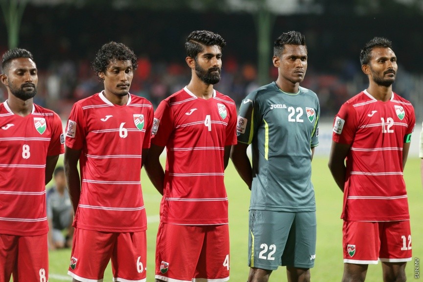 28 މާޗް 2017: އޭއެފްސީ އޭޝިއަން ކަޕް 2019 ކޮލިފިކޭޝަންގެ ގްރޫޕް ސްޓޭޖްގައި ރާއްޖެއާއި ފަލަސްތީނު ބައްދަލުކުރި މެޗުގެ ތެރެއިން---ސަން ފޮޓޯ/ ފަޔާޒު މޫސާ