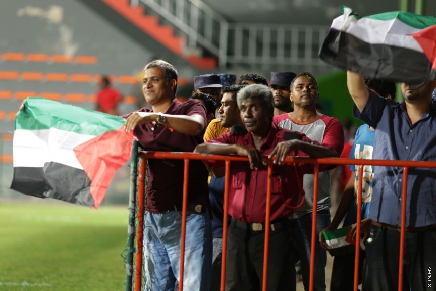 28 މާޗް 2017: އޭއެފްސީ އޭޝިއަން ކަޕް 2019 ކޮލިފިކޭޝަންގެ ގްރޫޕް ސްޓޭޖްގައި ރާއްޖެއާއި ފަލަސްތީނު ބައްދަލުކުރި މެޗުގެ ތެރެއިން---ސަން ފޮޓޯ/ ފަޔާޒު މޫސާ