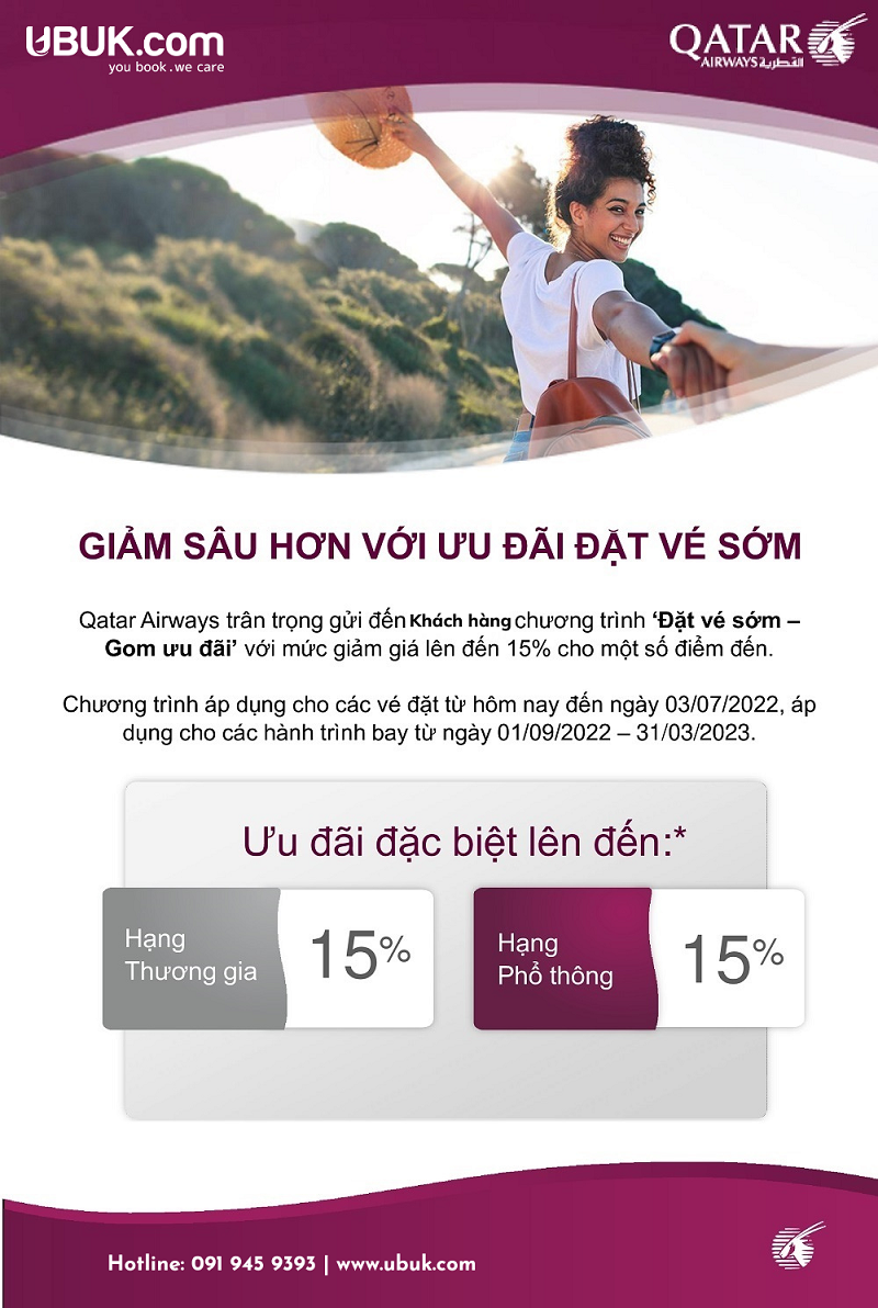 QATAR AIRWAYS GIẢM SÂU HƠN VỚI ƯU ĐÃI ĐẶT VÉ SỚM