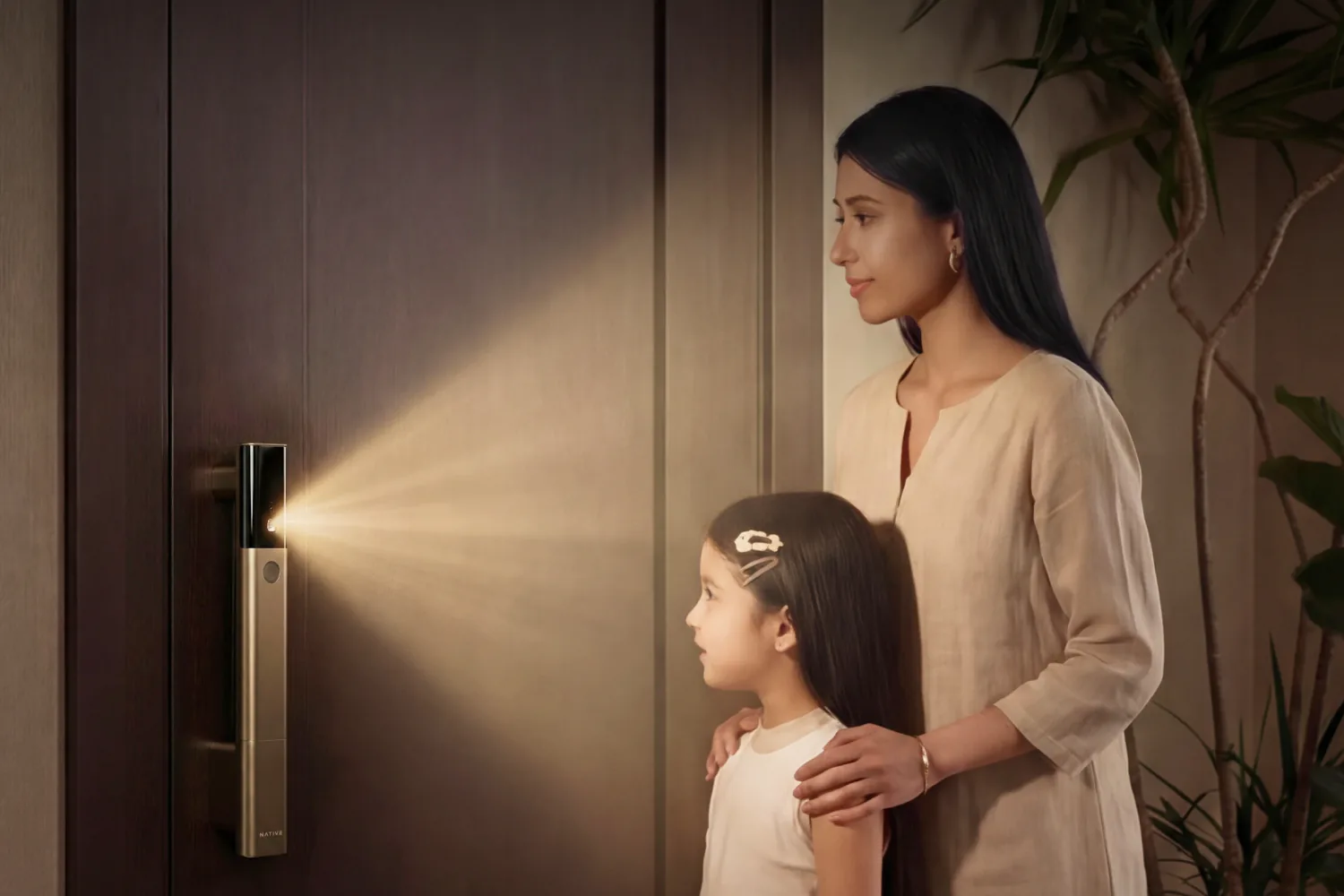 Native Lock Ultra: Child at door, face unlock.