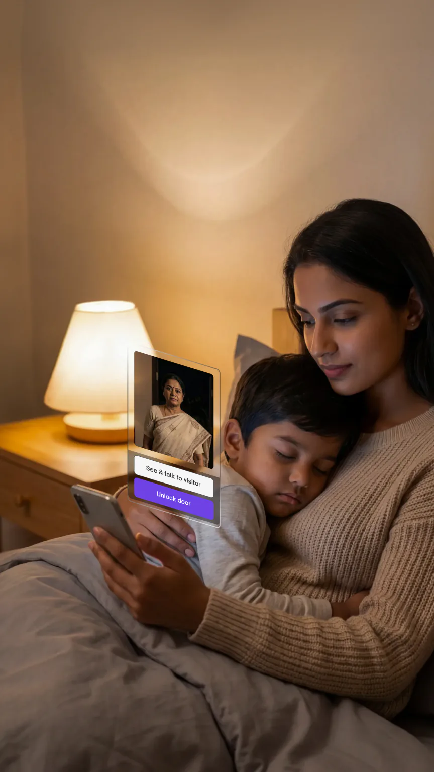 Native Lock Ultra: Mother in bed with phone.