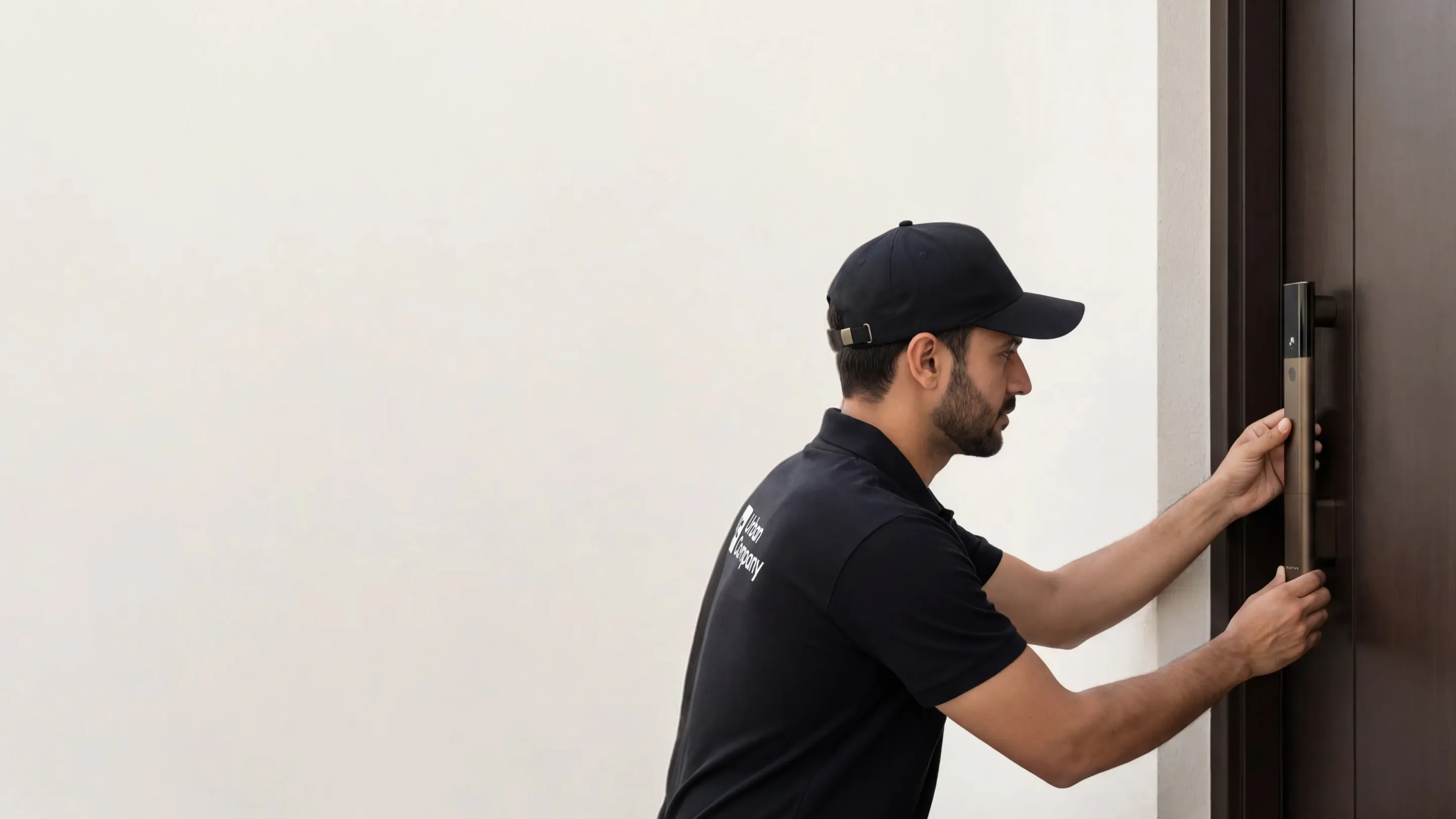An Urban Company technician fitting a Native Lock Ultra on a door.