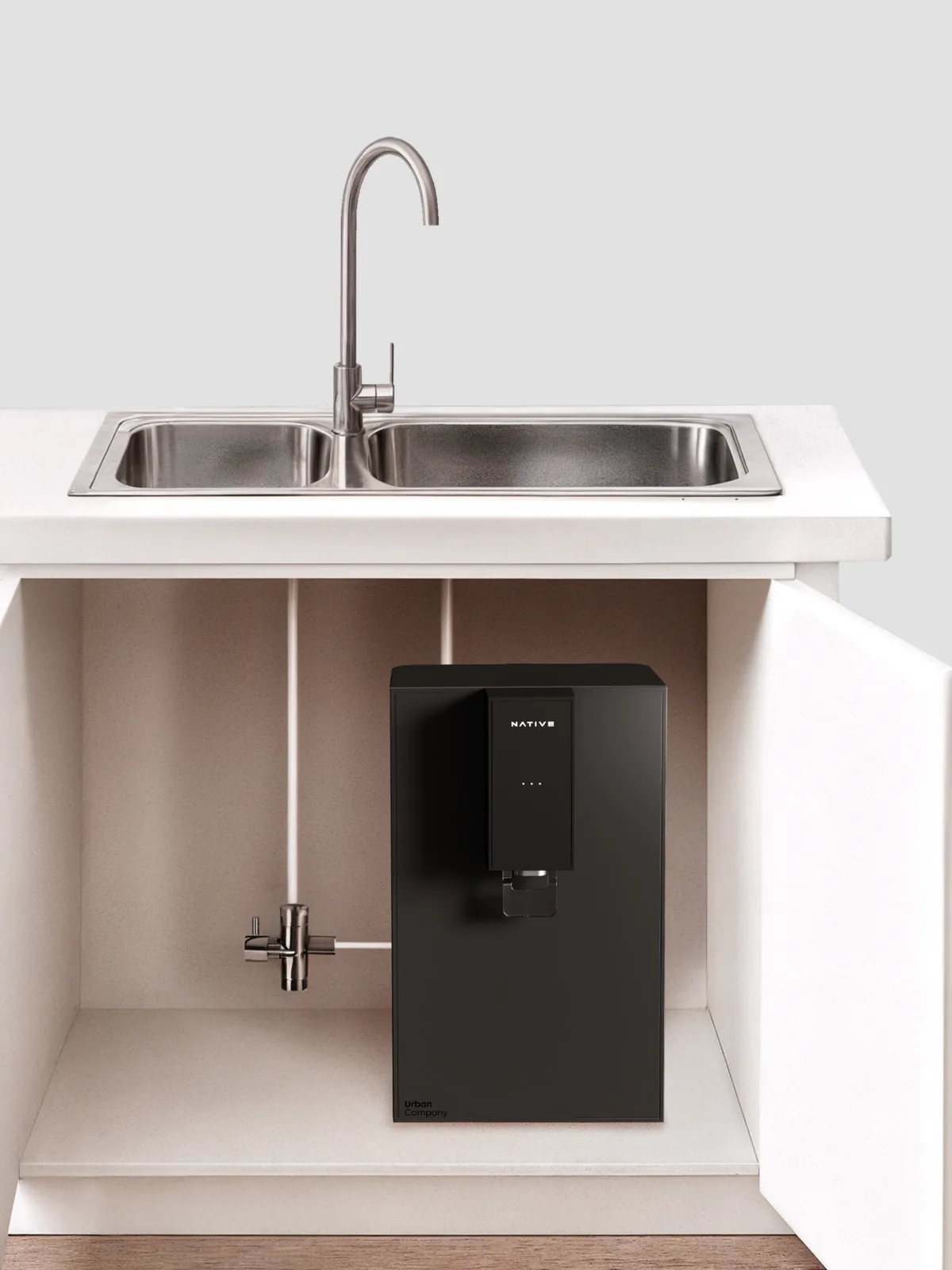 Native M0 inside an under-sink cabinet, a placement it does not support.
