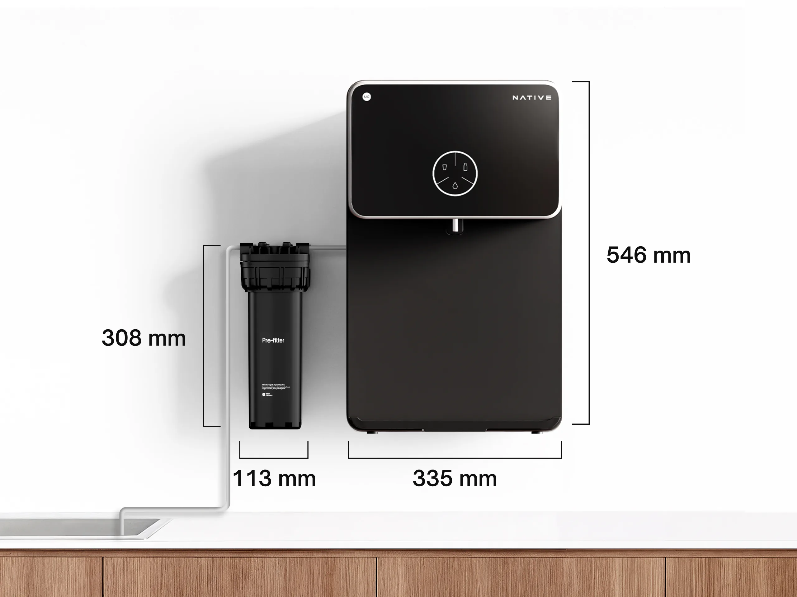 Native M2 Pro dimension drawing with the pre-filter, in millimetres.