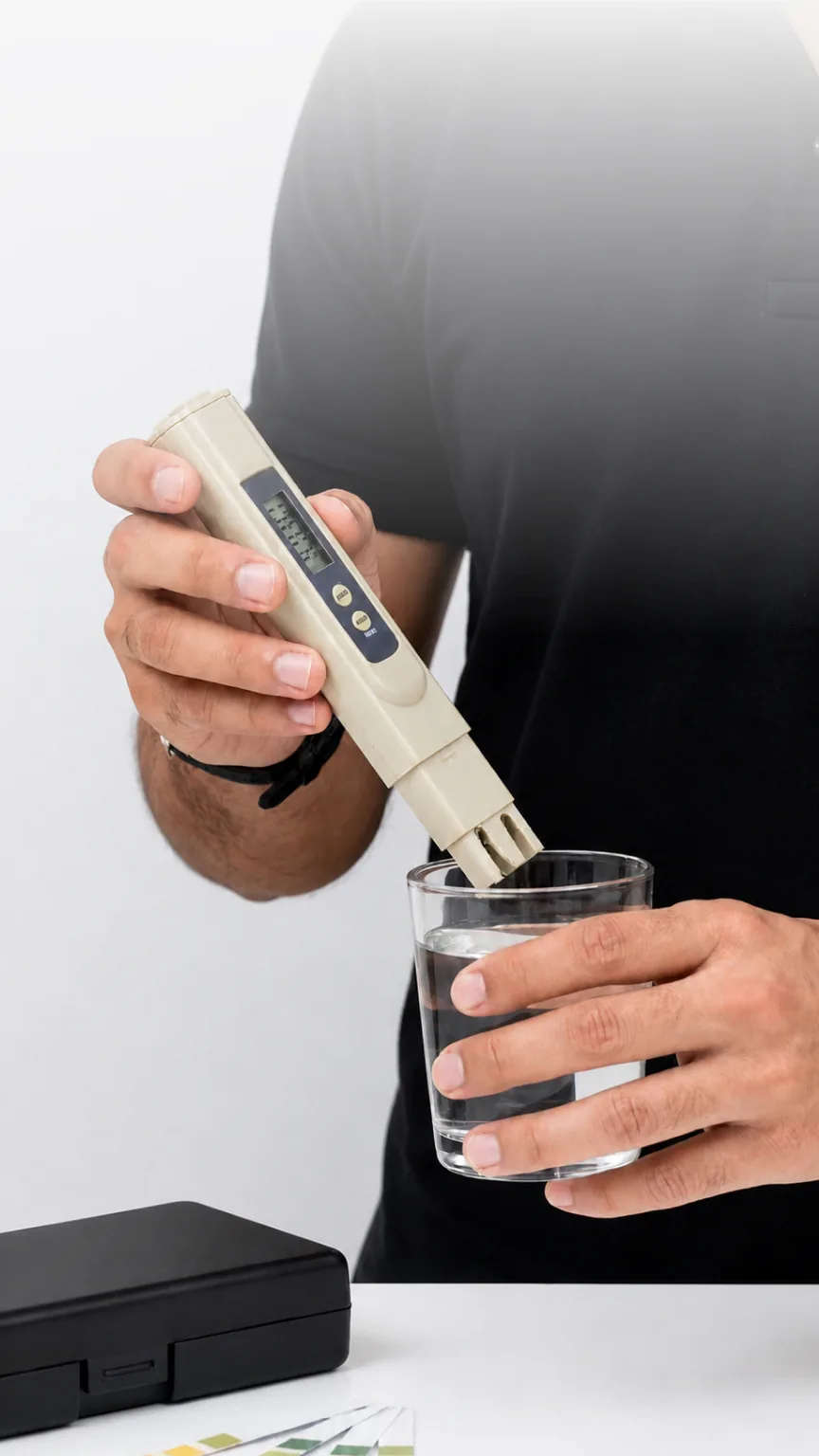 A hand testing a glass of water with a TDS meter.
