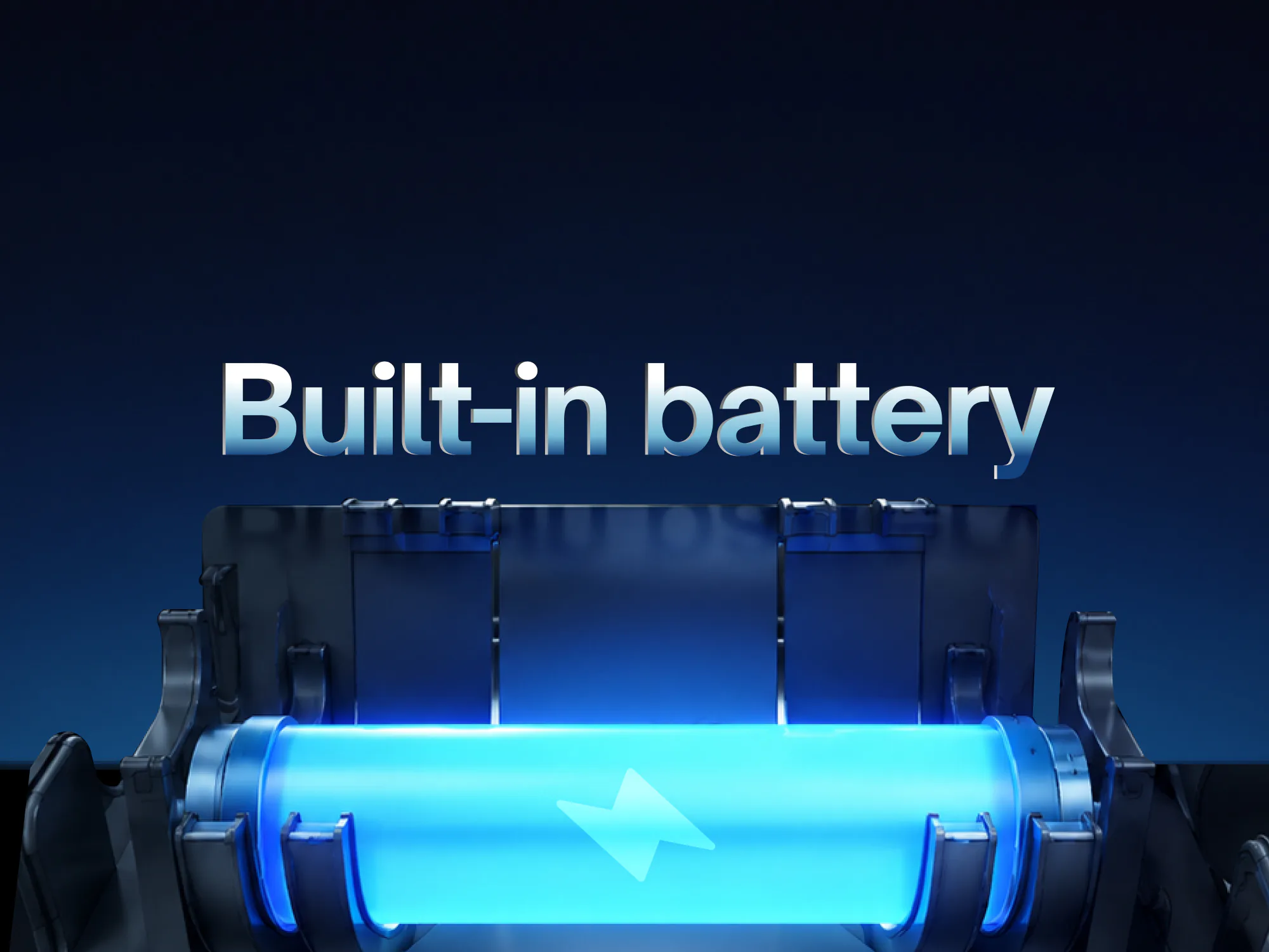 The Native M3 built-in battery glowing blue, with the words Built-in battery.