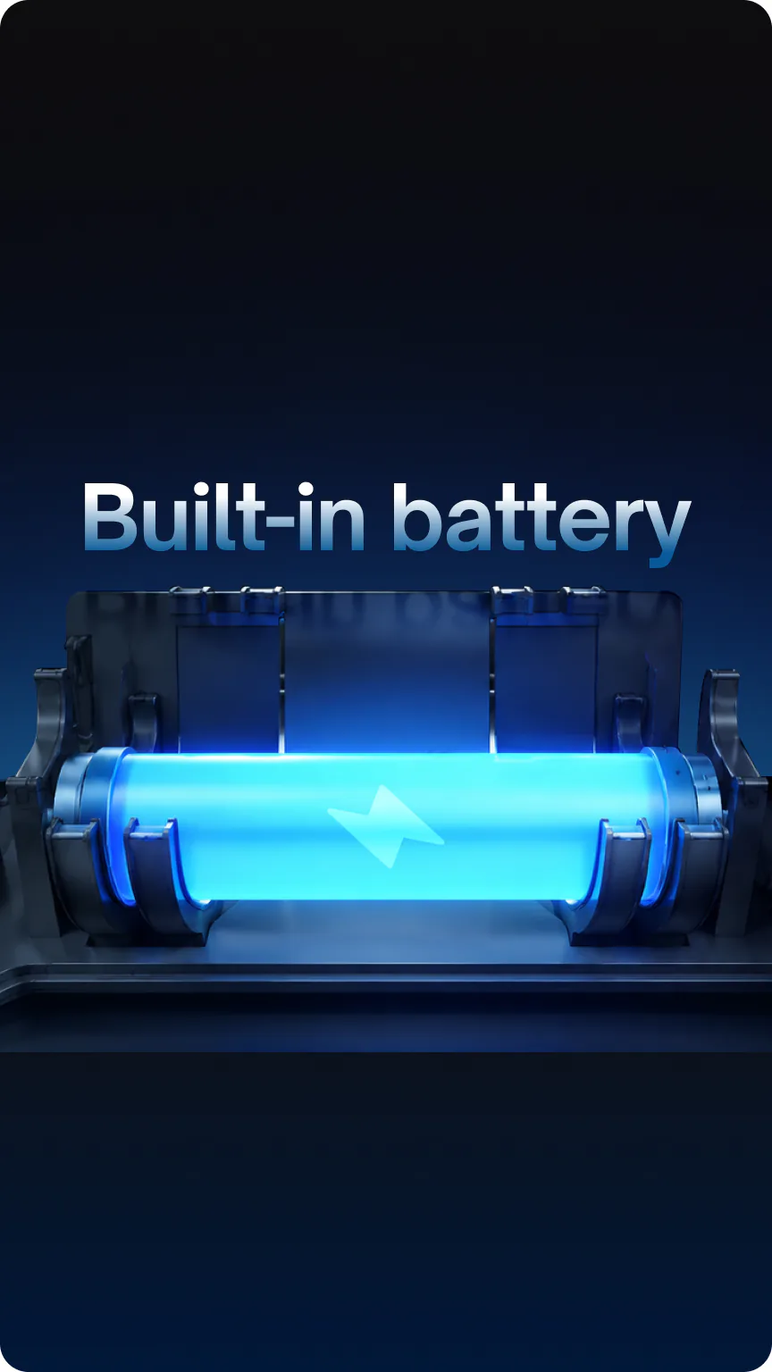 The Native M3 built-in battery, glowing blue, with the words Built-in battery.