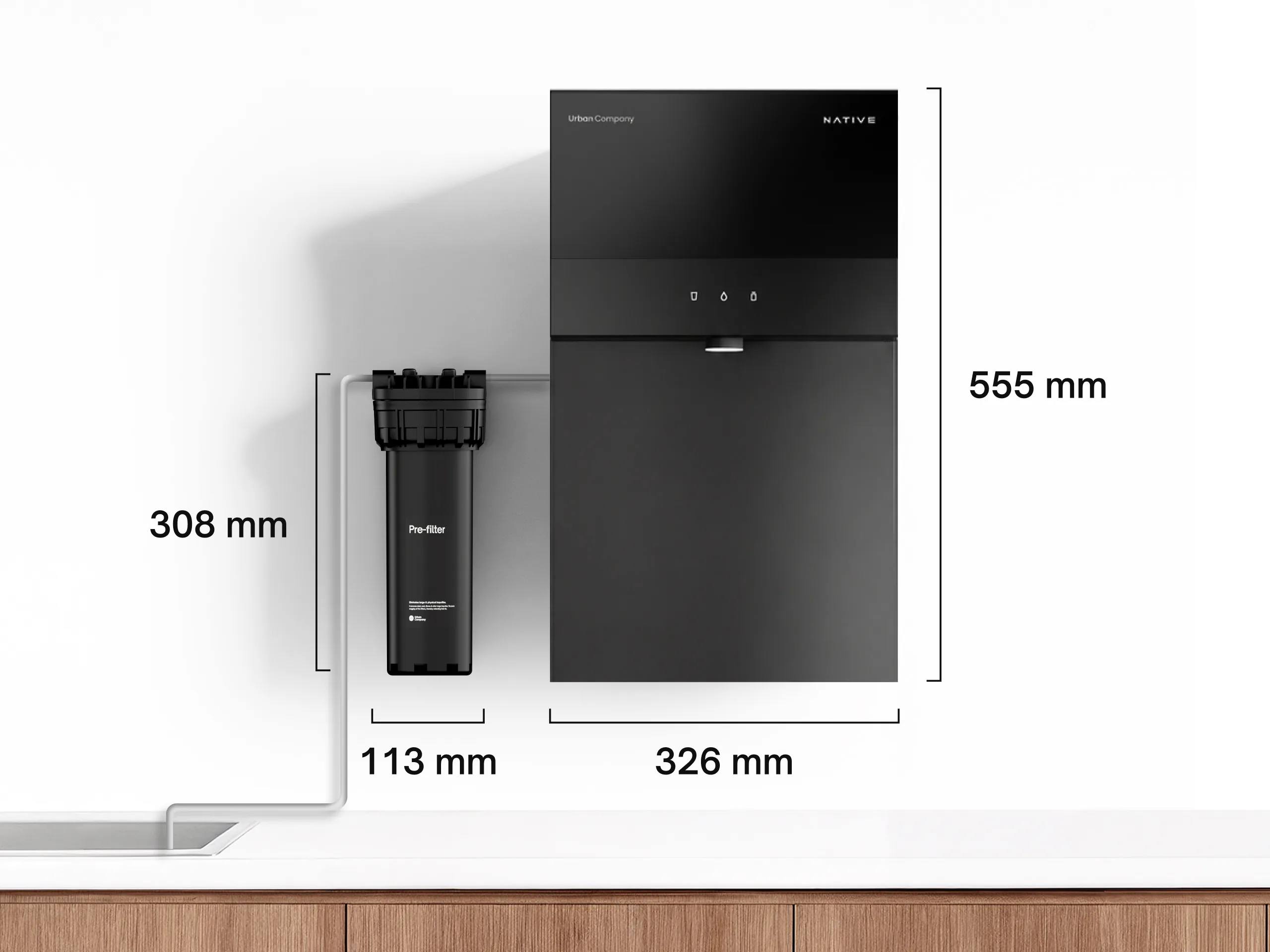 Native M3 dimension drawing: 326 × 555 mm, with a 113 × 308 mm pre-filter.